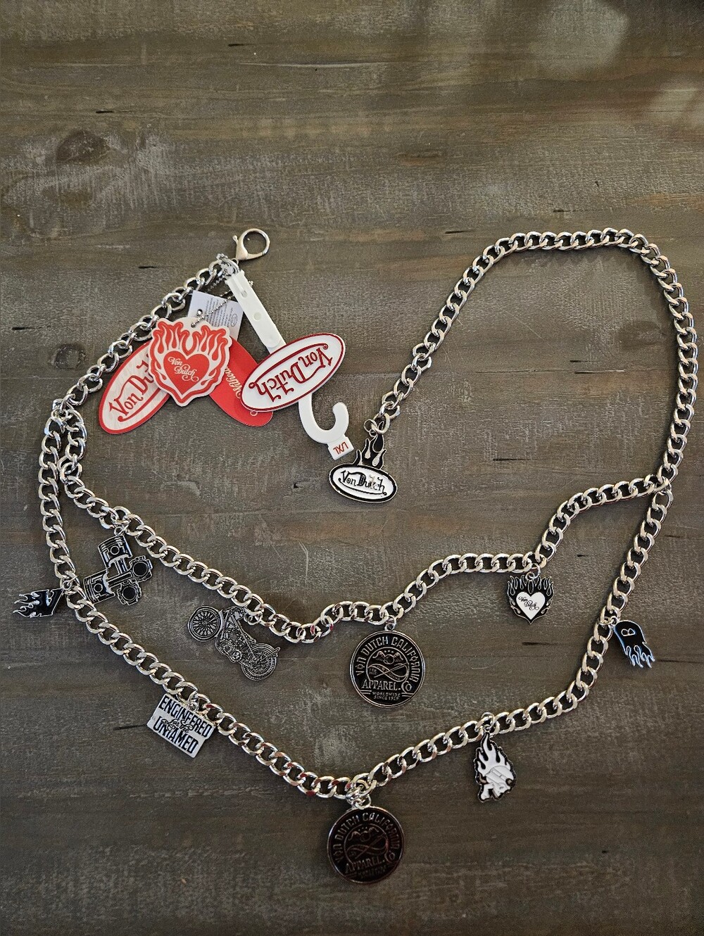 Von Dutch Silver Multi-Charm Chain BELT Logo Tags Streetwear  L/XL